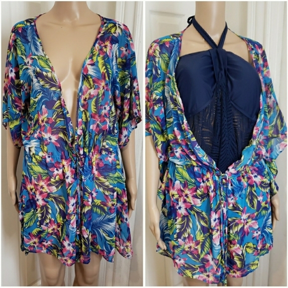 NEW! Tropical Floral Print Swim Cover Up - M - Picture 2 of 8